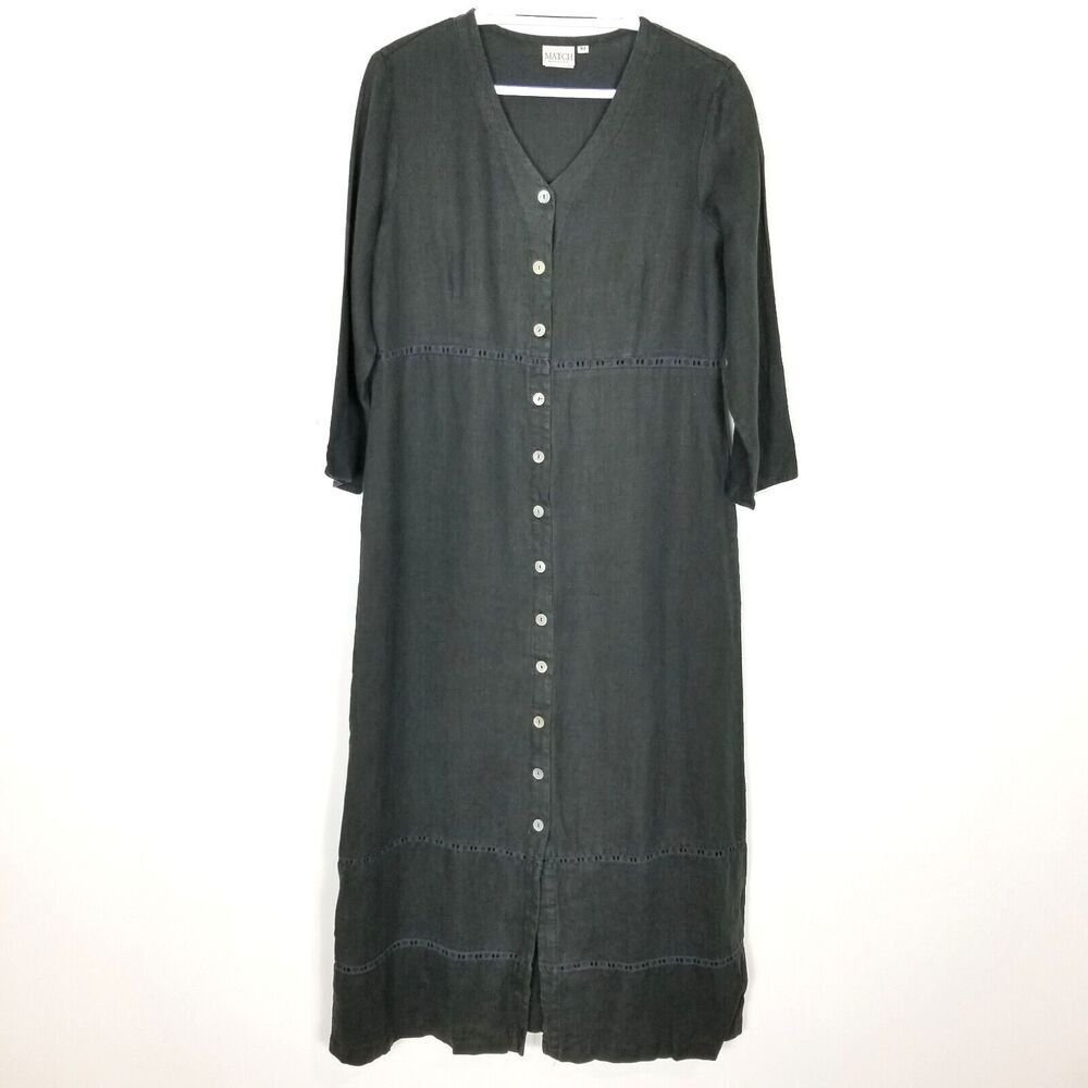 Match‎ USA Women Linen Maxi Dress Sz 10 Gray Button Up Crochet Detail Lagenlook